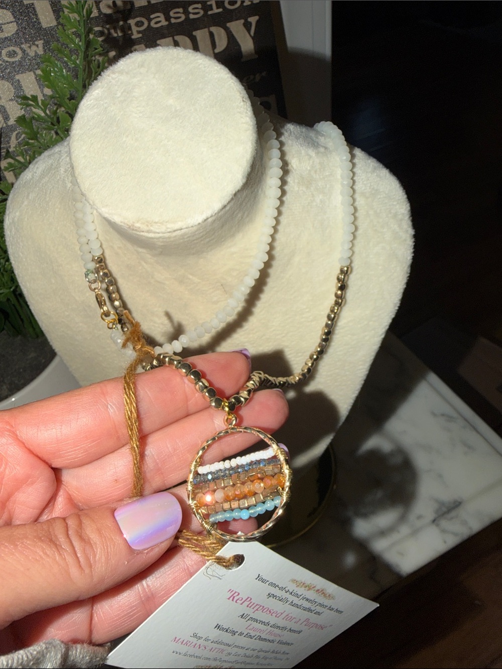 One-of-a-Kind -This handmade Beaded Circle w/Tassel Pendant Saves Lives deduct - Picture 5 of 8
